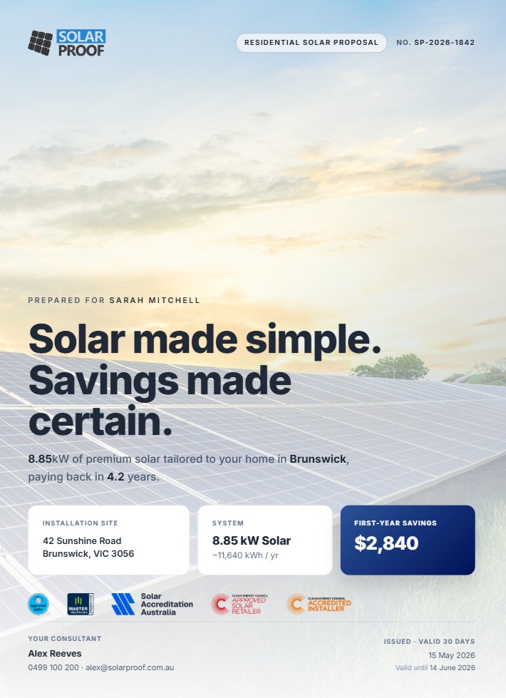 Example AI-generated solar proposal cover from Solar Proof